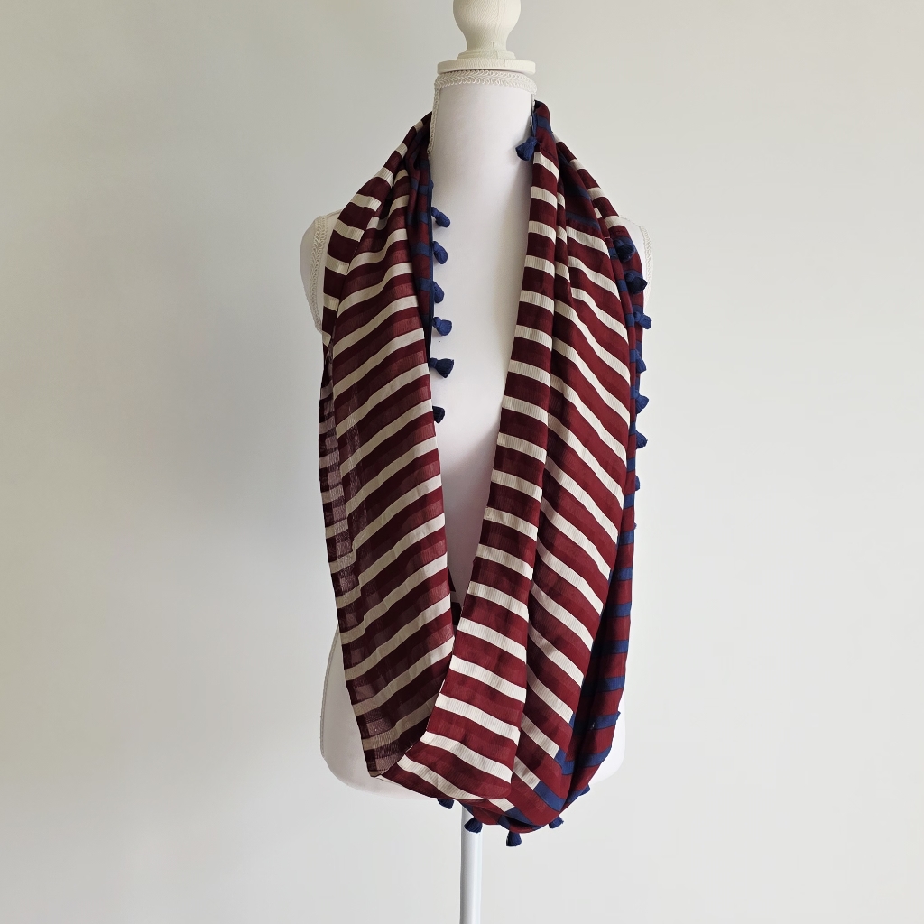 J Crew 100 Silk Striped WhiteBlueWine Tasseled Infinity Scarf